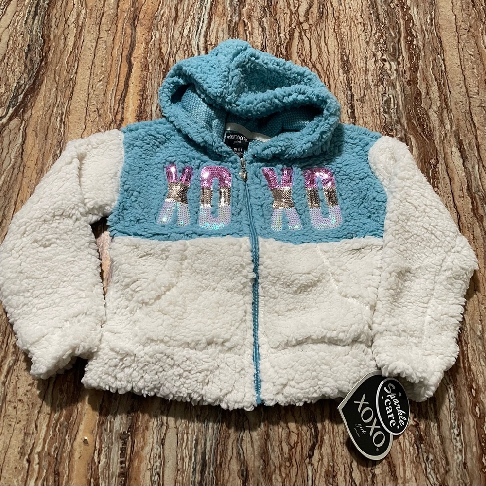 XOXO Sherpa Jacket Blue/White Colorblock Zip Up Hooded Fleece Coat Girls Size 4